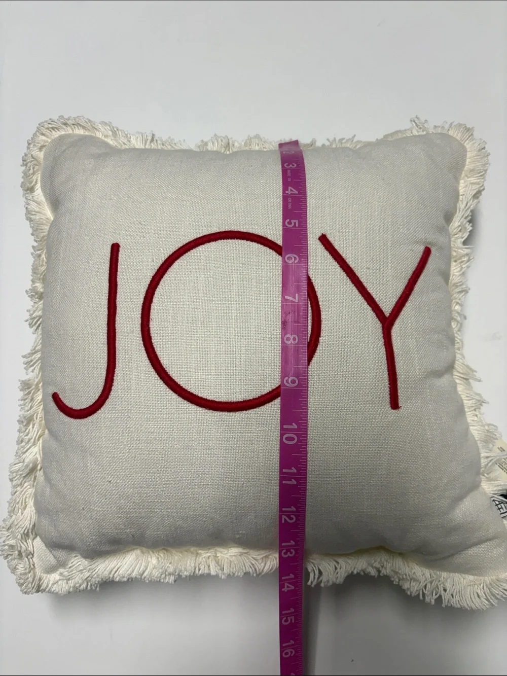 JOY Embroidered Fringe Holiday Throw Pillow - Cream with Red